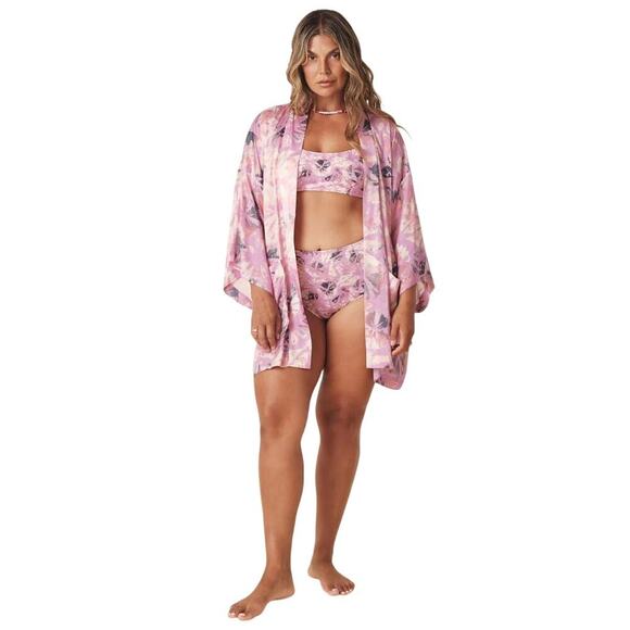 Spell Other - Spell Marshmallow Sky Floral Print Short Robe Kimono Cover Up Musk Small Medium